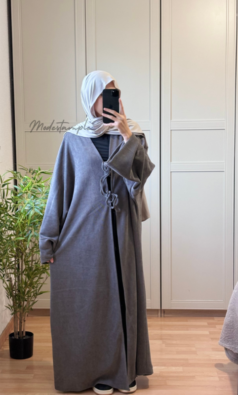 Kimono à Noeud en Maille Côtelée Gris