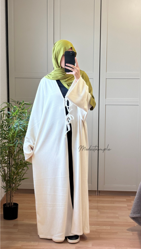 Kimono à Noeud en Maille Côtelée Blanc
