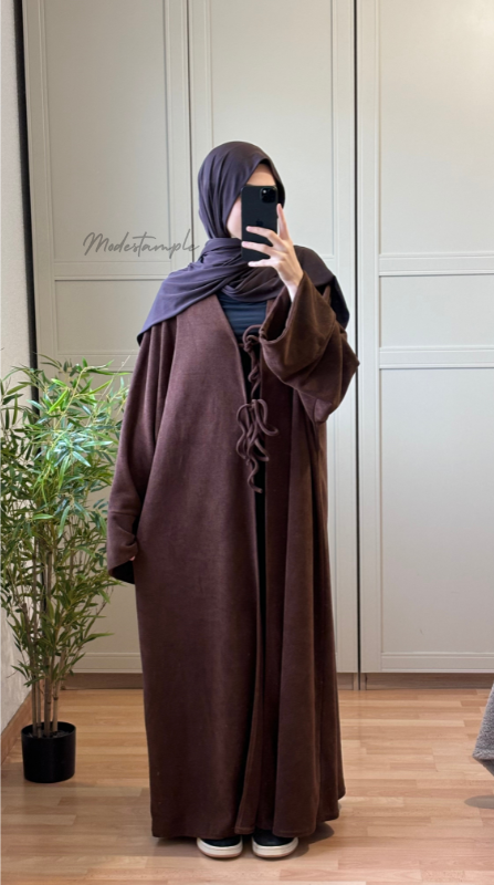 Kimono à Noeud en Maille Côtelée Marron